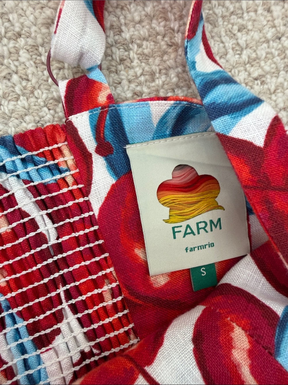 FARM Rio Linen Red Cherry Print Mini Dress with Blue Leaves - worn once. Size S - Picture 4 of 9